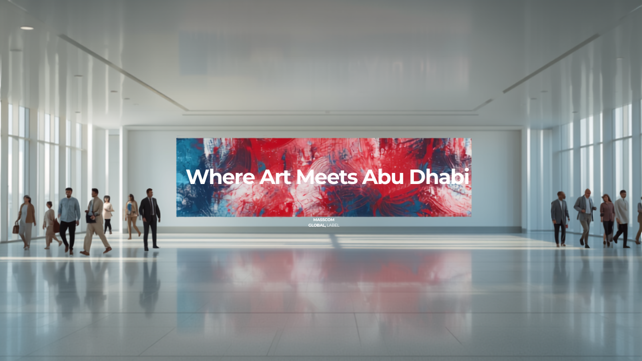 Illustrative concept of an airport digital advertising screen at Zayed International Airport (AUH), themed for Frieze Abu Dhabi 2026. Image for illustrative purposes only, not an actual installed advertisement.