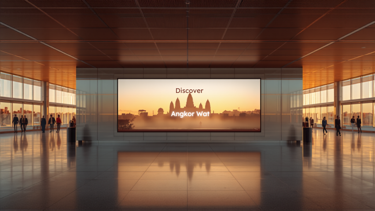 Illustrative concept of an airport digital advertising screen at Siem Reap Angkor International Airport (SAI), themed for Angkor Cultural Peak. Image for illustrative purposes only, not an actual installed advertisement.