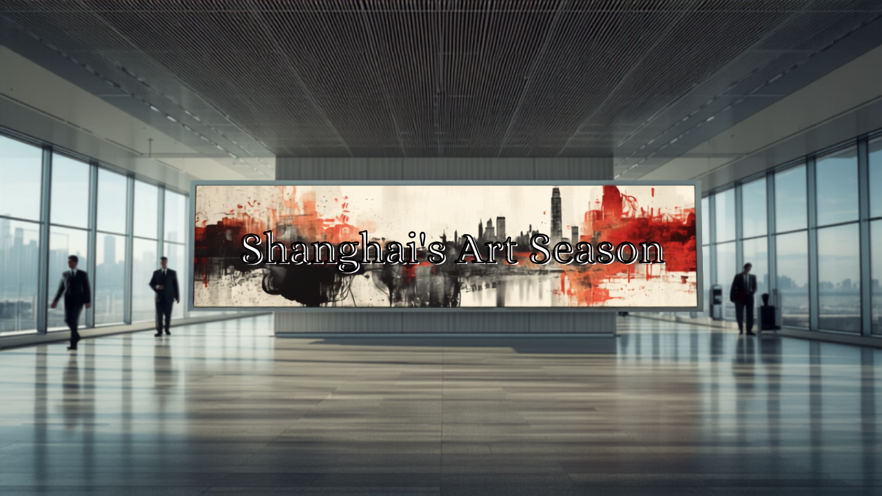 Illustrative concept of an airport digital advertising screen at Shanghai Pudong International Airport (PVG), themed for Shanghai Art Week 2026. Image for illustrative purposes only, not an actual installed advertisement.