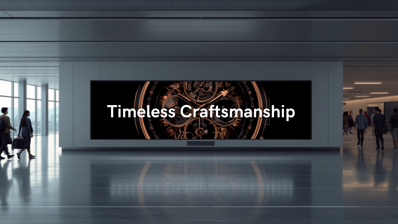 Illustrative concept of an airport digital advertising screen at Geneva Airport (GVA), themed for Geneva Watch Auctions 2026. Image for illustrative purposes only, not an actual installed advertisement.