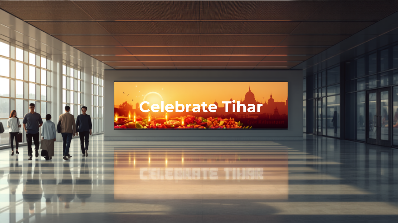 Illustrative concept of an airport digital advertising screen at Tribhuvan International Airport (KTM), themed for Tihar Festival. Image for illustrative purposes only, not an actual installed advertisement.