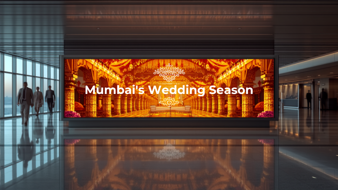 Illustrative concept of an airport digital advertising screen at Chhatrapati Shivaji Maharaj International Airport (BOM), themed for Mumbai Wedding Season Peak. Image for illustrative purposes only, not an actual installed advertisement.
