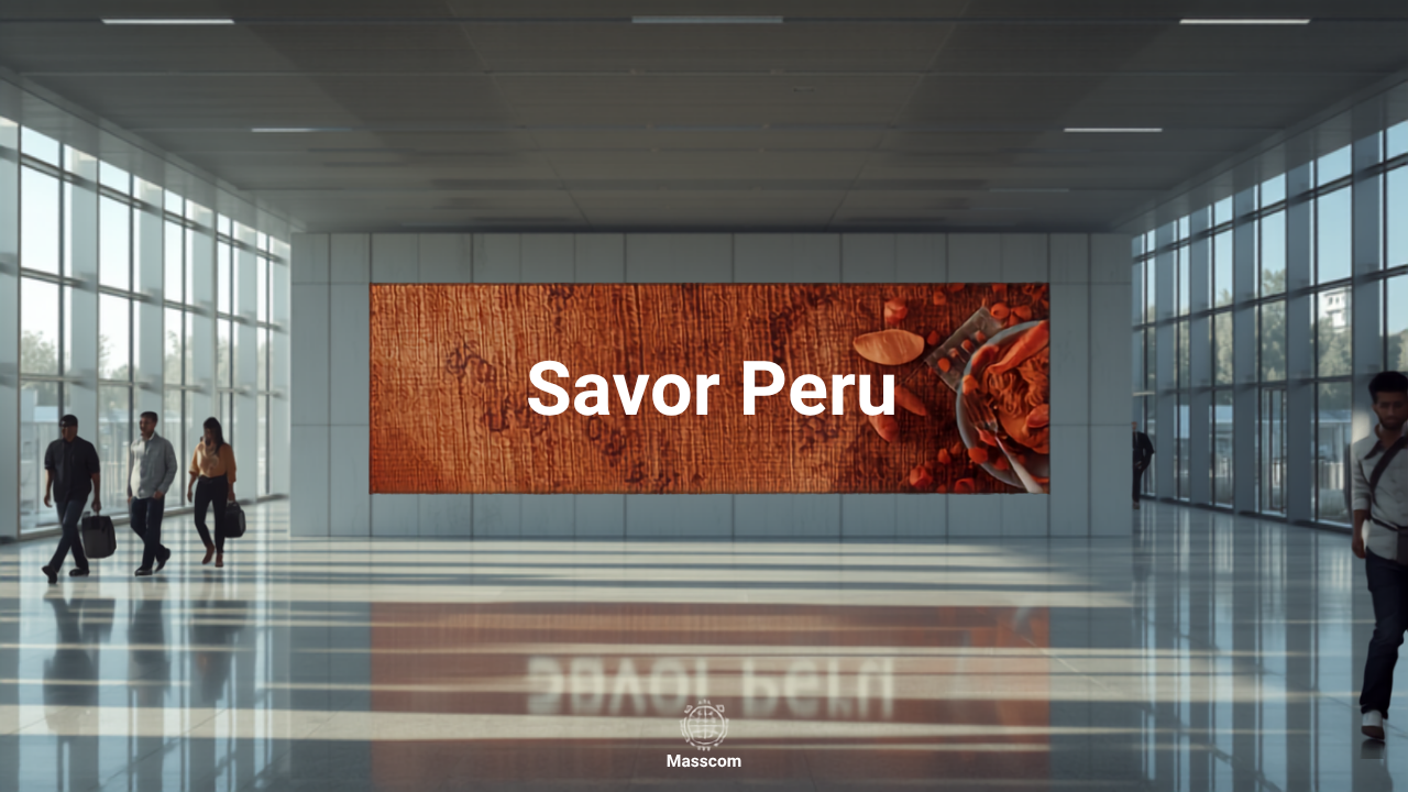 Illustrative concept of an airport digital advertising screen at Jorge Chavez International Airport (LIM), themed for Peru Gastronomy Peak. Image for illustrative purposes only, not an actual installed advertisement.