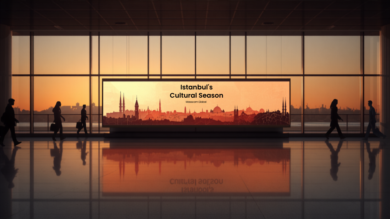 Illustrative concept of an airport digital advertising screen at Istanbul Airport (IST), themed for Istanbul Biennial 2026. Image for illustrative purposes only, not an actual installed advertisement.