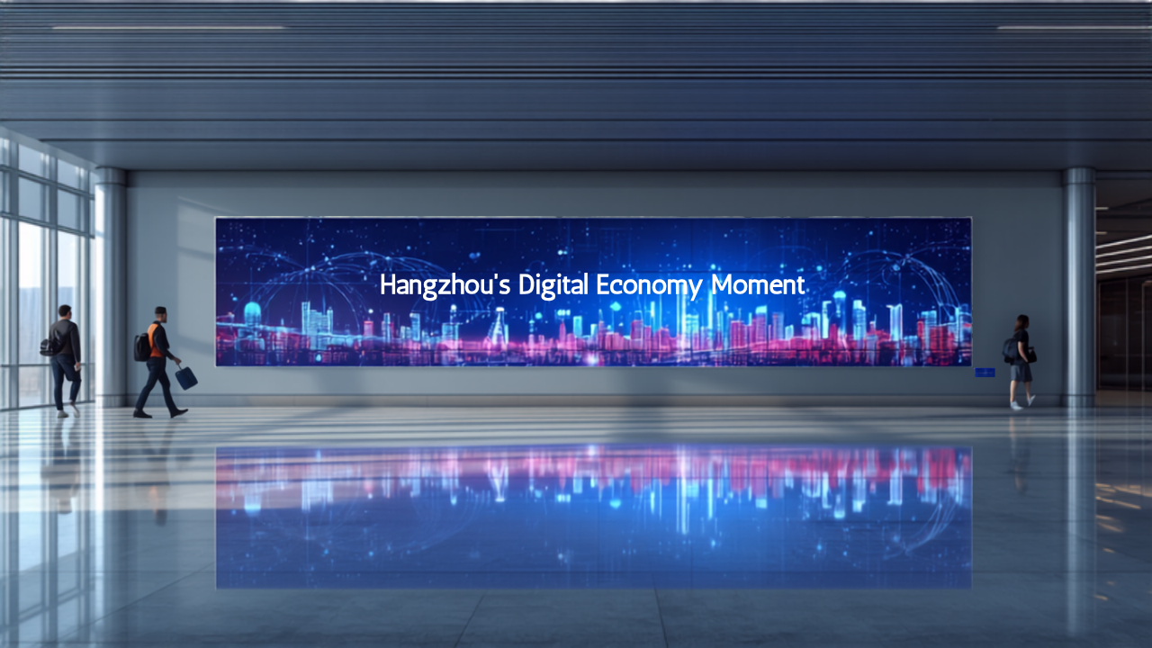 Illustrative concept of an airport digital advertising screen at Hangzhou Xiaoshan International Airport (HGH), themed for Hangzhou Double 11 Shopping Festival. Image for illustrative purposes only, not an actual installed advertisement.