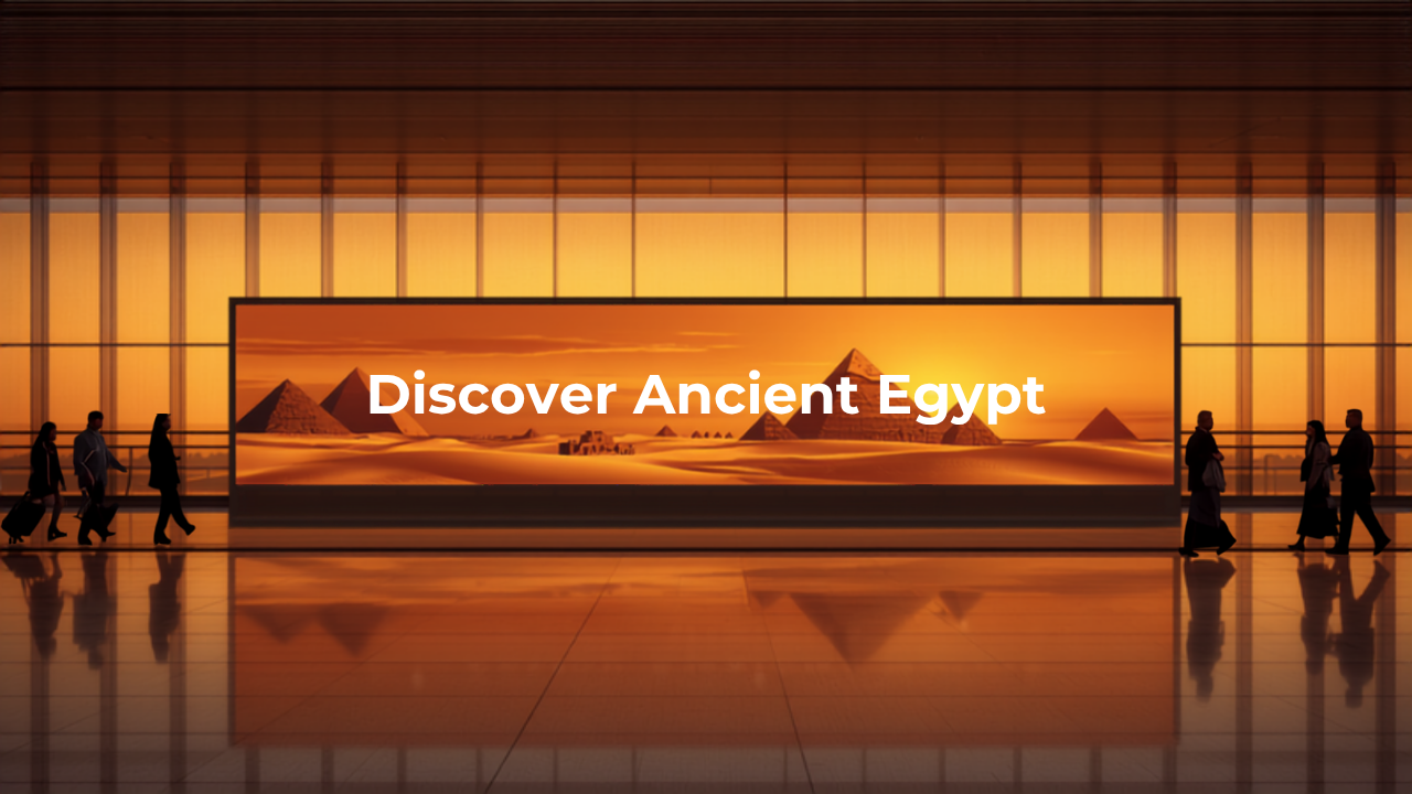 Illustrative concept of an airport digital advertising screen at Cairo International Airport (CAI), themed for Cairo Winter Heritage Season. Image for illustrative purposes only, not an actual installed advertisement.