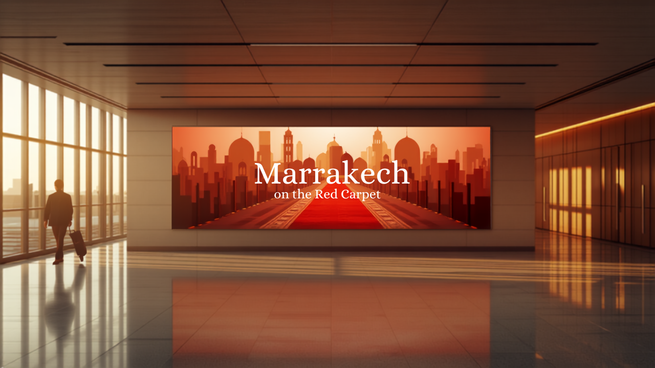 Illustrative concept of an airport digital advertising screen at Marrakech Menara Airport (RAK), themed for Marrakech Film Festival 2026. Image for illustrative purposes only, not an actual installed advertisement.