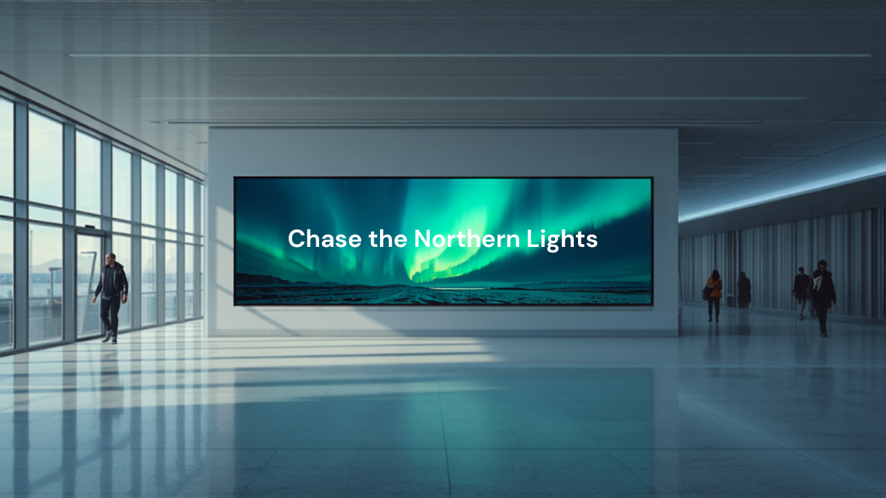 Illustrative concept of an airport digital advertising screen at Keflavik International Airport (KEF), themed for Iceland Airwaves & Aurora Season. Image for illustrative purposes only, not an actual installed advertisement.