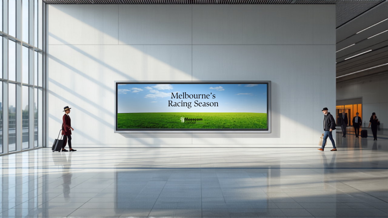 Illustrative concept of an airport digital advertising screen at Melbourne Airport (MEL), themed for Melbourne Cup Carnival 2026. Image for illustrative purposes only, not an actual installed advertisement.