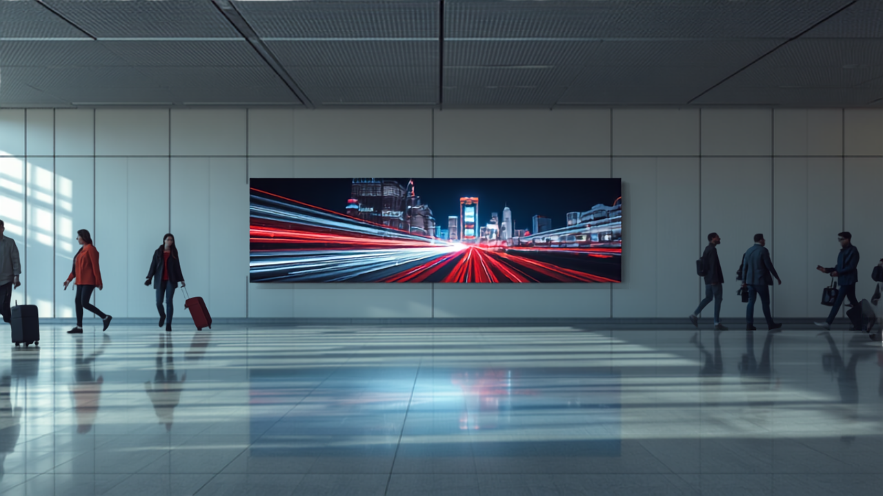 Illustrative concept of an airport digital advertising screen at Harry Reid International Airport (LAS), themed for Las Vegas F1 Grand Prix 2026. Image for illustrative purposes only, not an actual installed advertisement.
