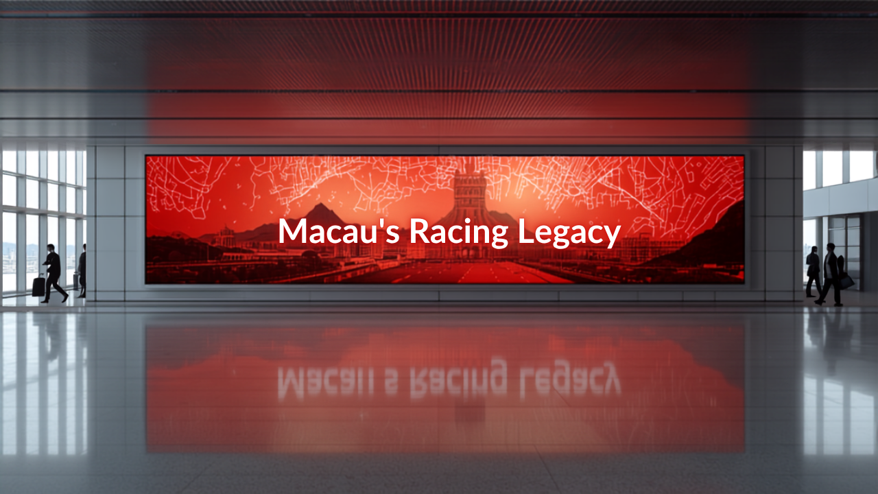 Illustrative concept of an airport digital advertising screen at Macau International Airport (MFM), themed for Macau Grand Prix 2026. Image for illustrative purposes only, not an actual installed advertisement.
