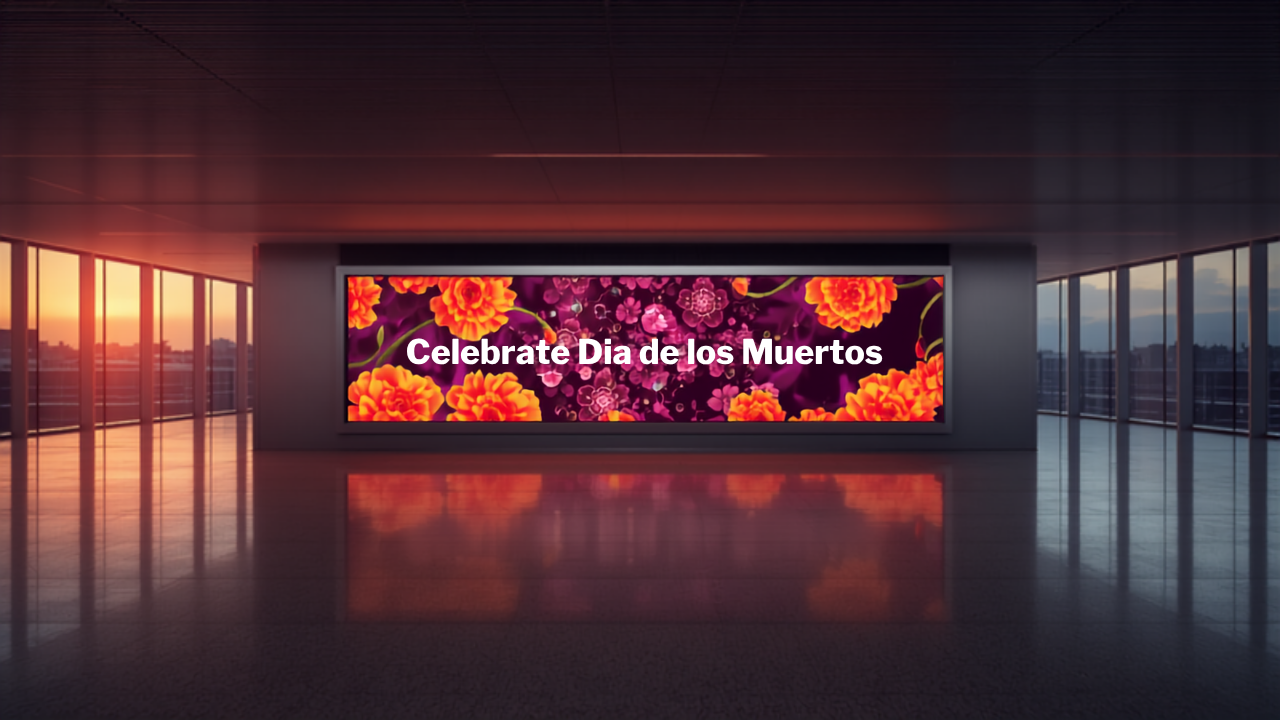 Illustrative concept of an airport digital advertising screen at Mexico City International Airport (MEX), themed for Dia de los Muertos. Image for illustrative purposes only, not an actual installed advertisement.