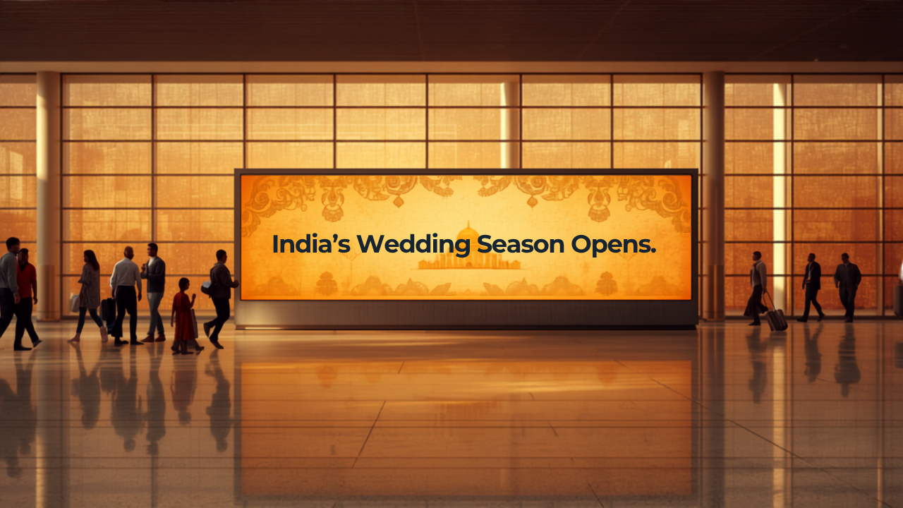 Illustrative concept of an airport digital advertising screen at Indira Gandhi International Airport (DEL), themed for Indian Wedding Season Opens. Image for illustrative purposes only, not an actual installed advertisement.