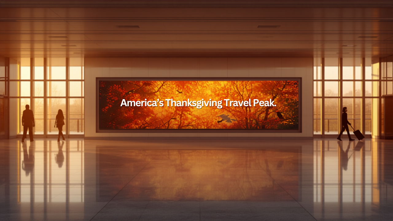 Illustrative concept of an airport digital advertising screen at John F. Kennedy International Airport (JFK), themed for Thanksgiving Travel Peak 2026. Image for illustrative purposes only, not an actual installed advertisement.