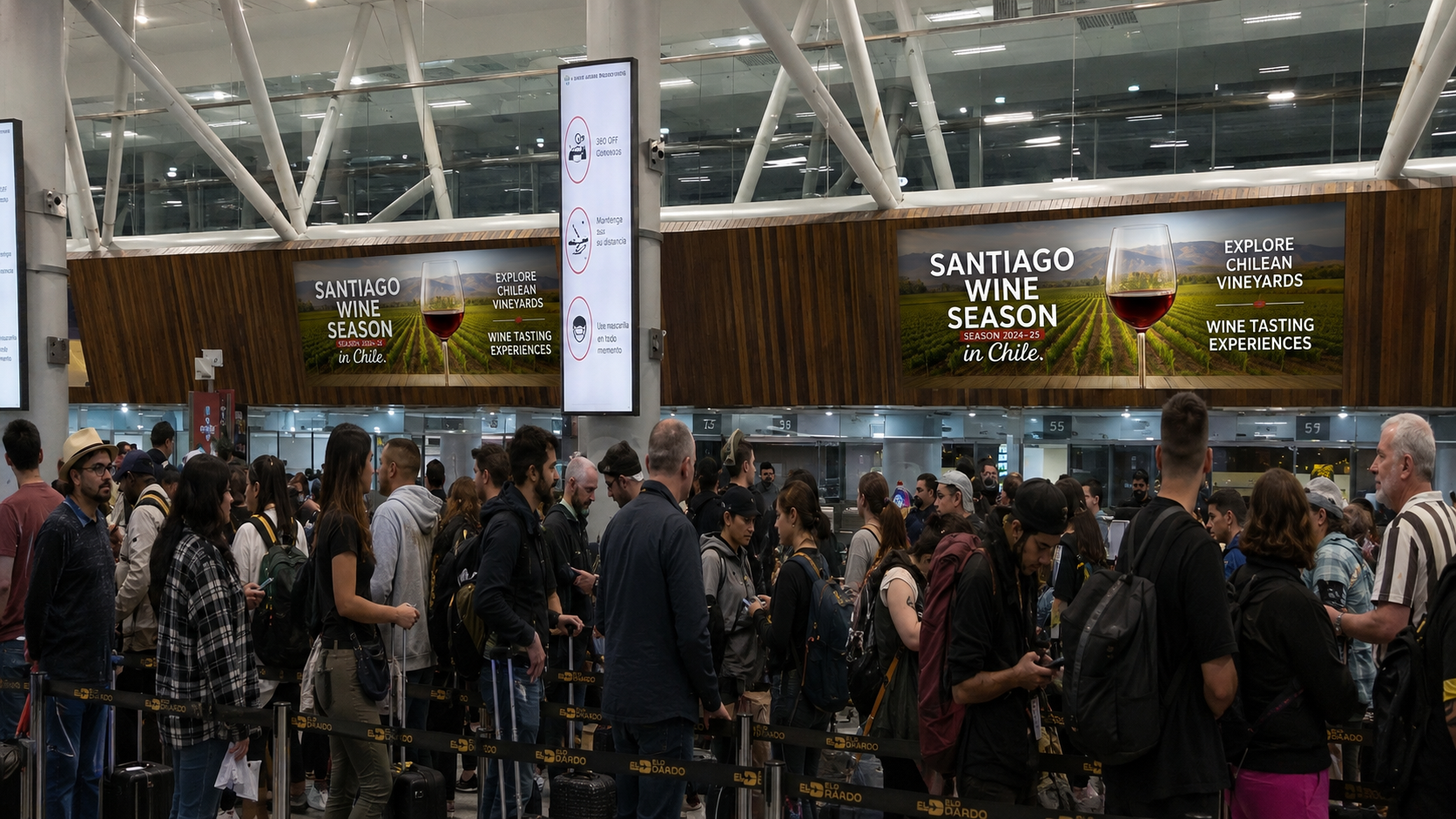 Airport advertising sites at Arturo Merino Benítez International (SCL), Santiago, during Chile's 2026-27 wine-tourism season.