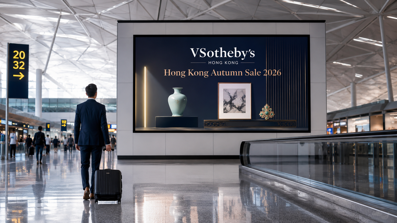 Airport advertising sites at Hong Kong International (HKG), Asia's collector gateway during Sotheby's Autumn Sale 2026.