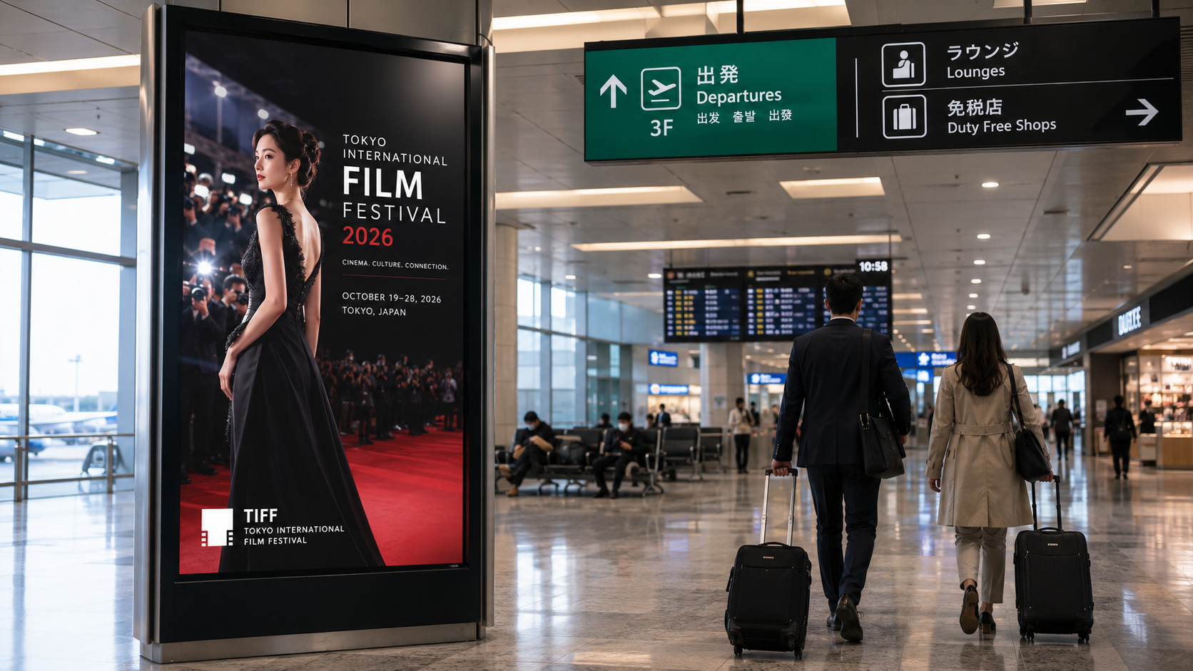 Airport advertising sites at Tokyo Haneda (HND), the city-adjacent gateway during Tokyo International Film Festival 2026.