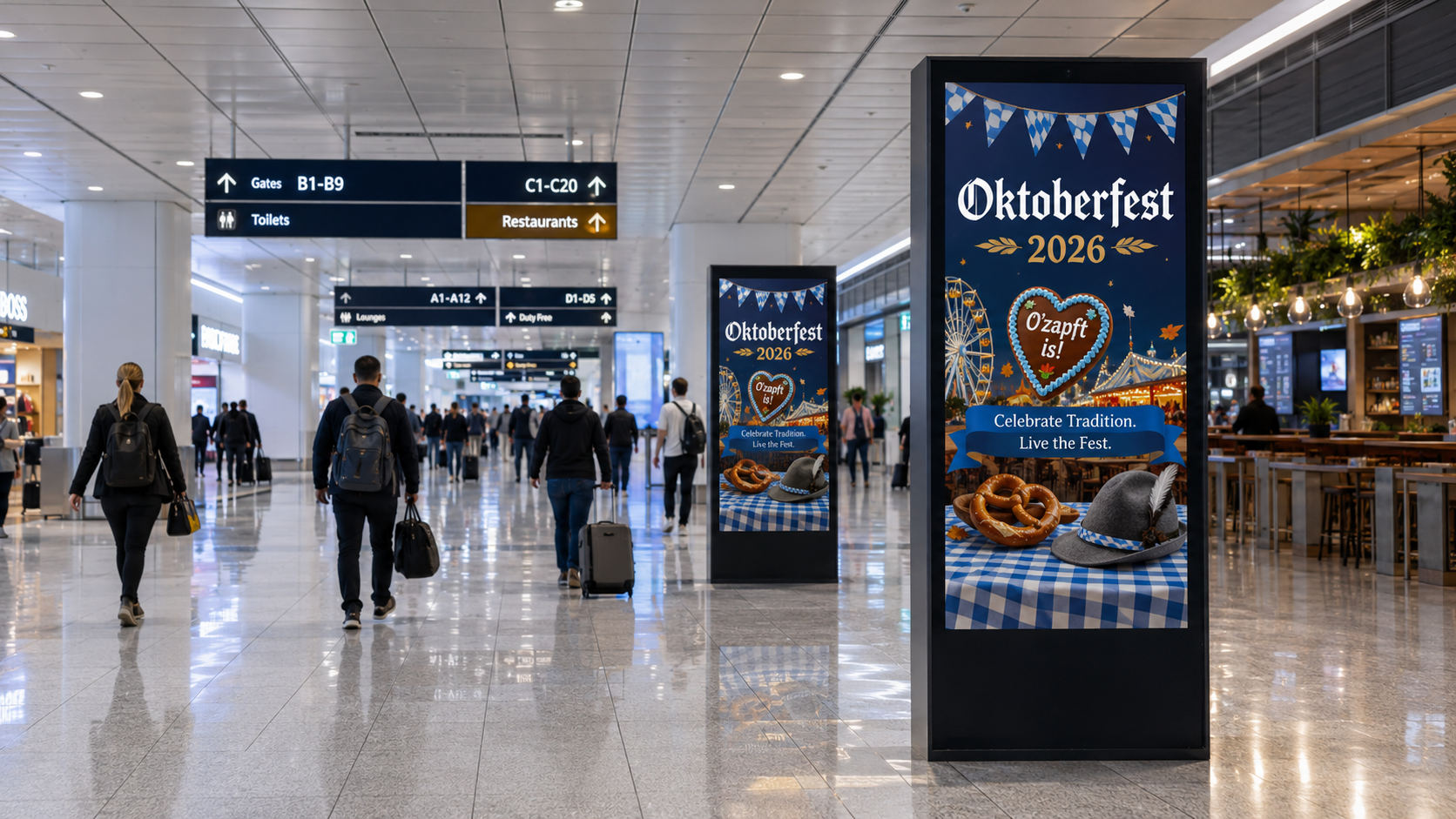 Airport advertising sites at Munich Airport, the arrival point closest to the Wiesn during Oktoberfest 2026 in Bavaria.