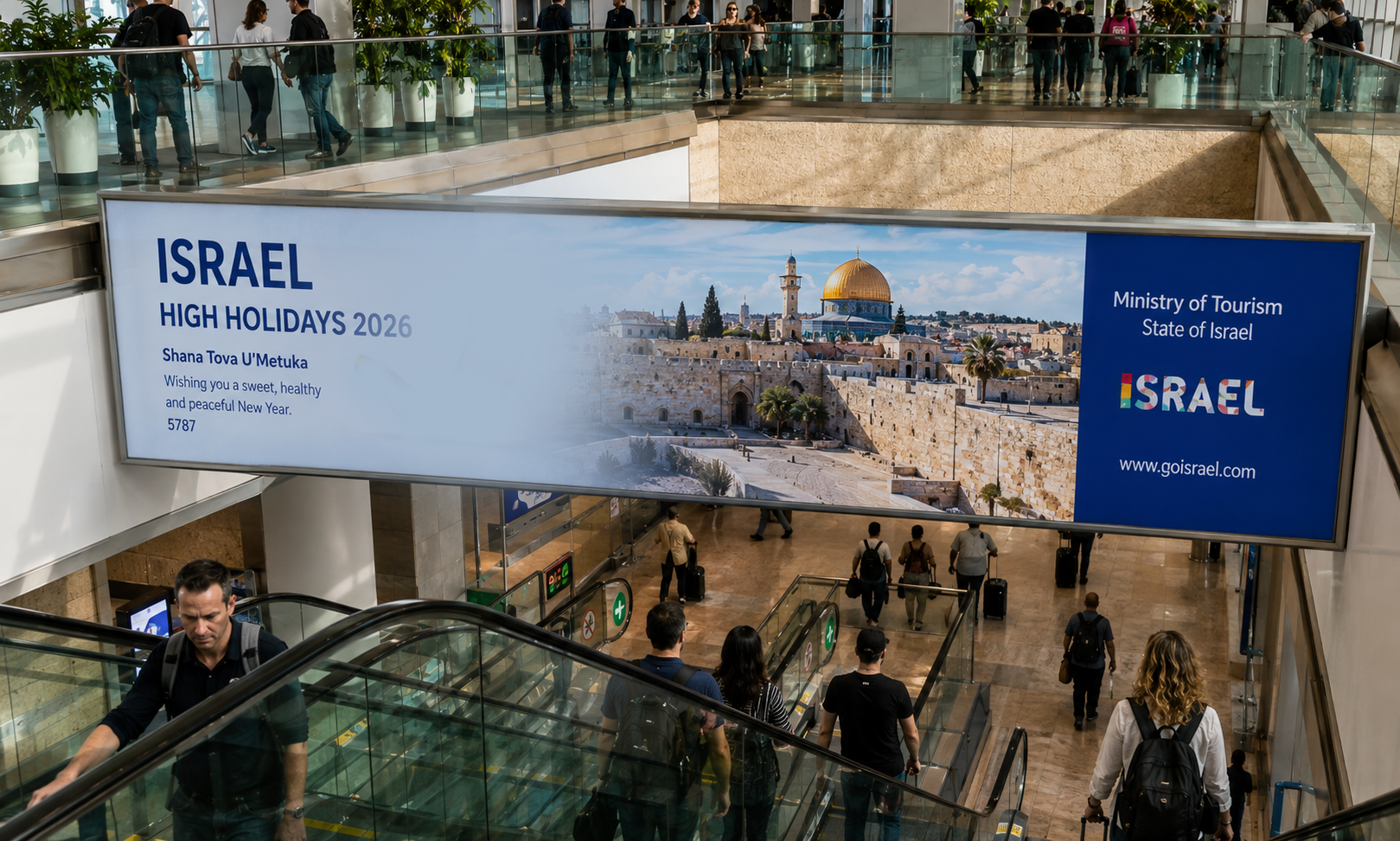 Terminal advertising sites at Ben Gurion International Airport near Tel Aviv, reaching diaspora arrivals for Rosh Hashanah 2026.