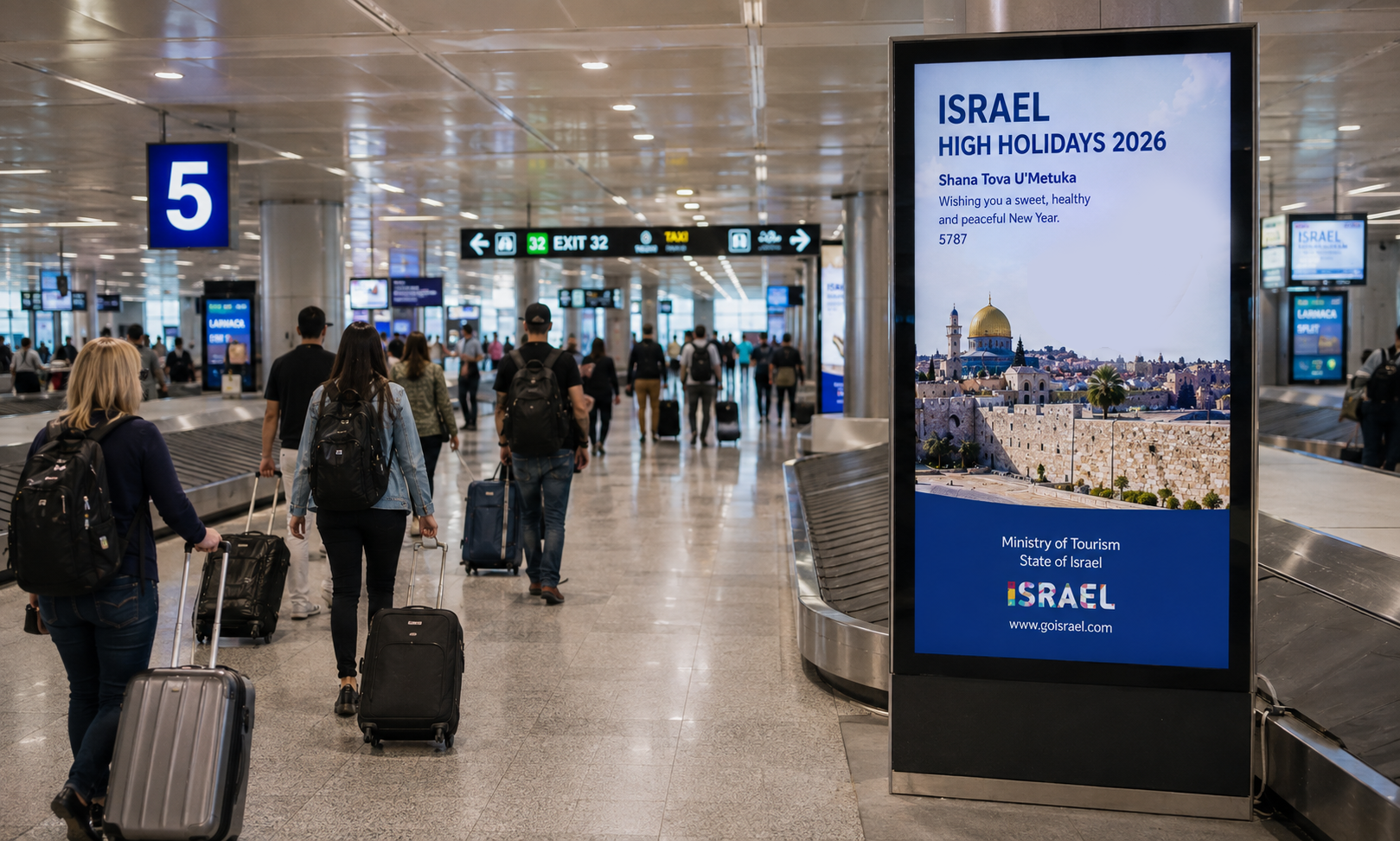 Airport advertising inventory at Eilat Ramon Airport, serving Israeli family travel through the High Holidays in 2026.