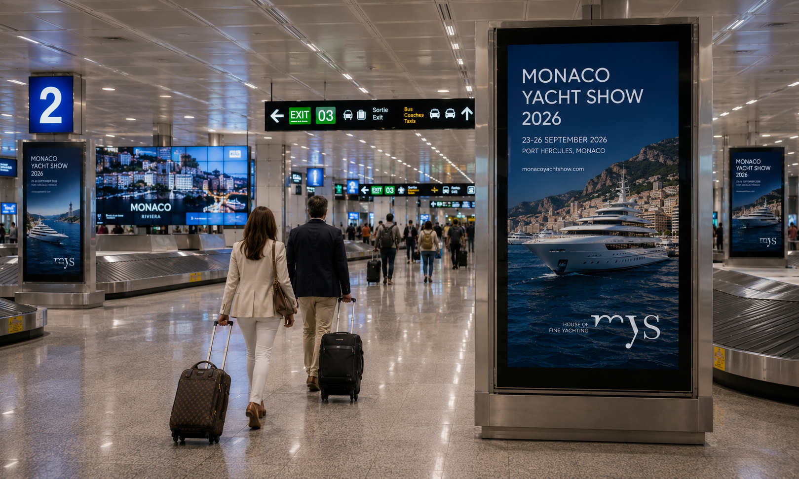 Advertising sites at Monaco Heliport, Monaco's UHNWI arrival gateway from Nice during the 2026 Monaco Yacht Show.