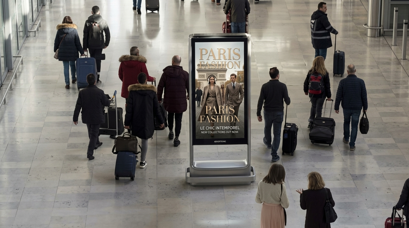 Advertising placement mockup at Paris Orly Airport (ORY), showing campaign creative reaching Paris Fashion Week travellers.