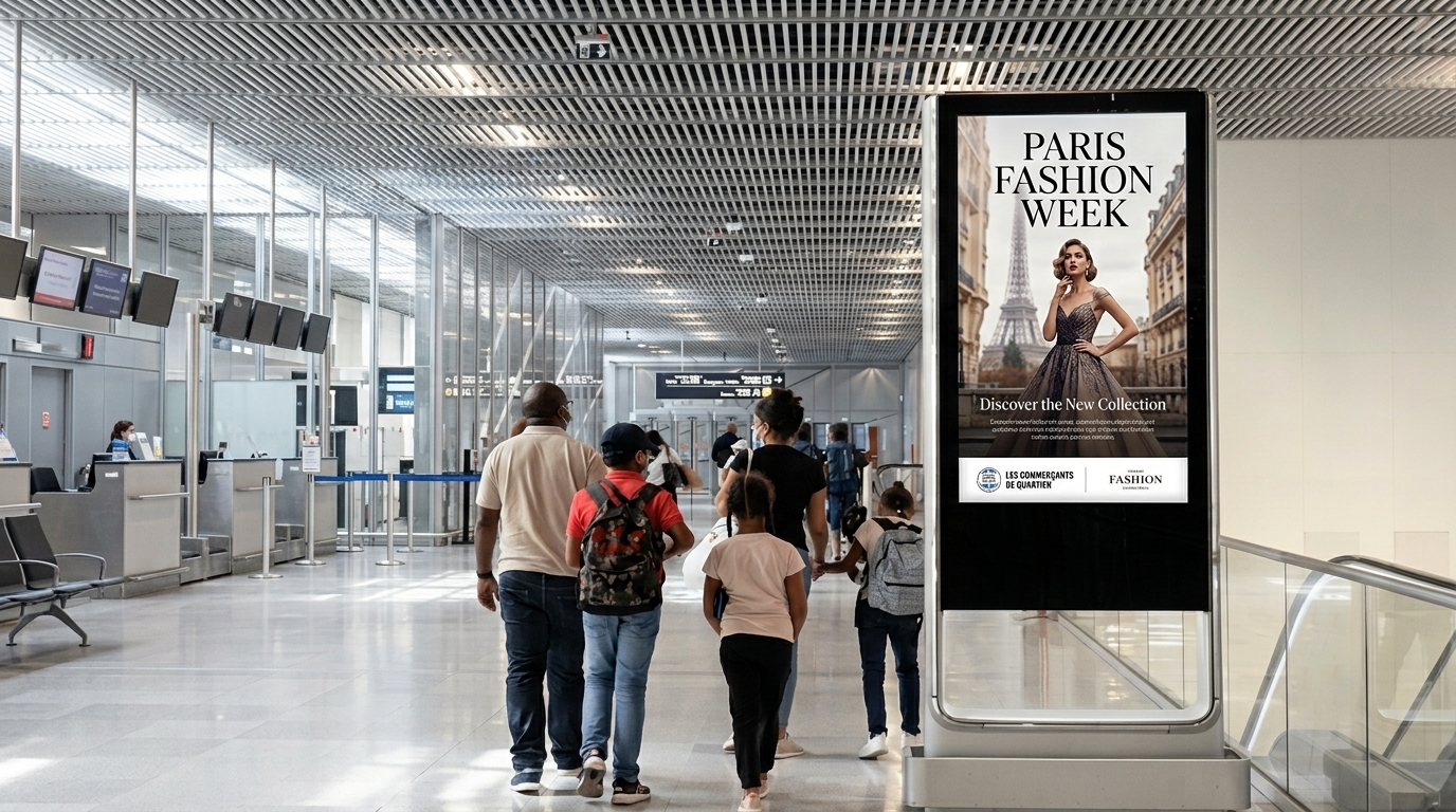 Terminal media environment at Paris Charles de Gaulle (CDG), reaching global luxury buyers arriving for Paris Fashion Week 2026.