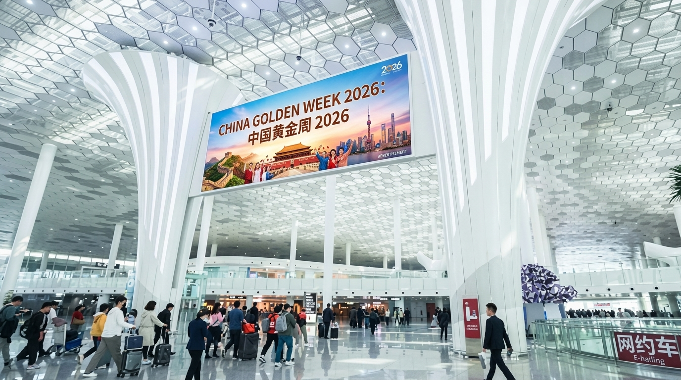 Digital advertising placement mockup at Shenzhen Bao'an International Airport (SZX), reaching China Golden Week 2026 travellers.