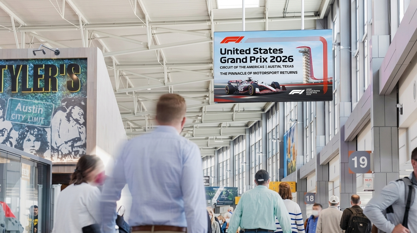 Digital billboard advertising mockup at Austin-Bergstrom International Airport (AUS), reaching United States Grand Prix 2026 F1 travellers.