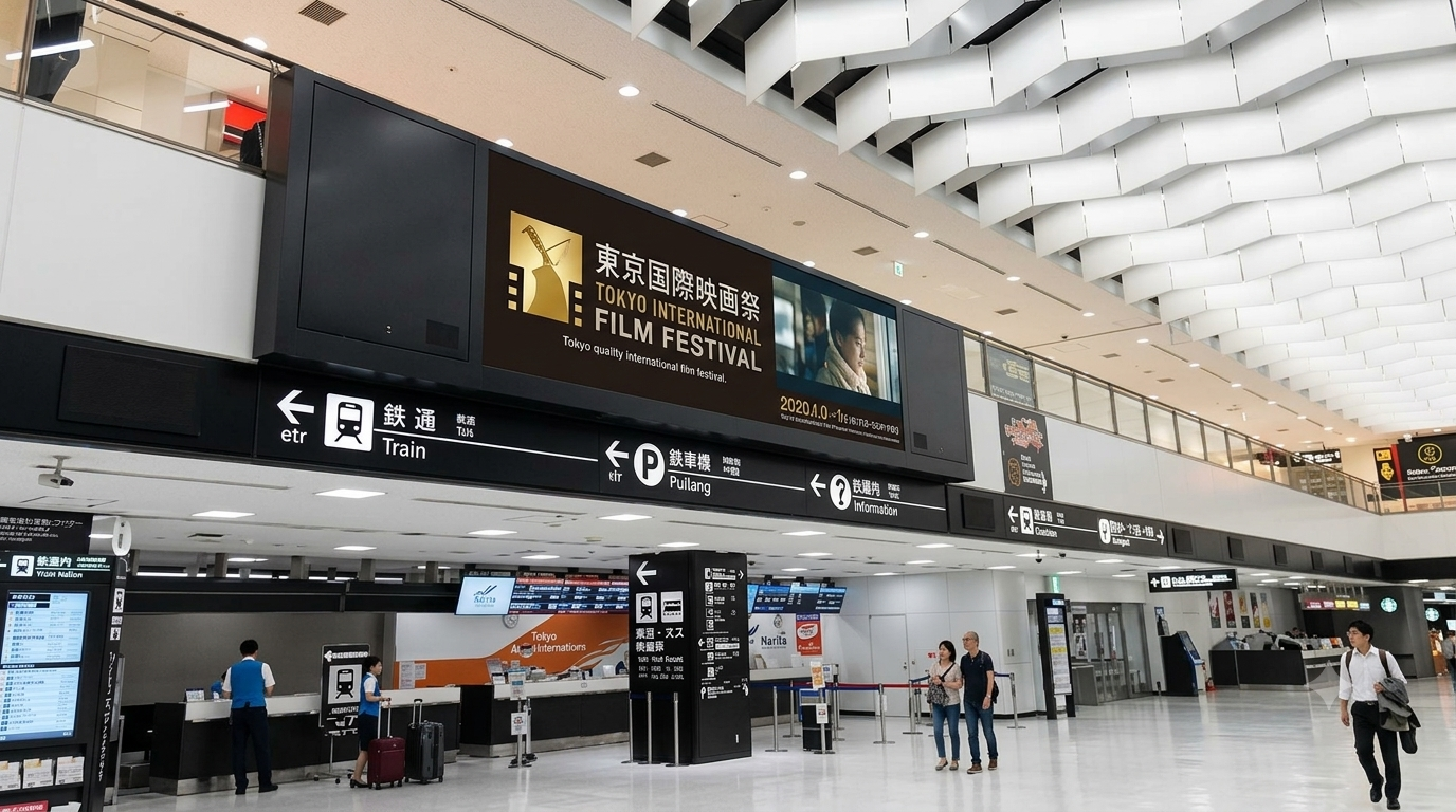 Advertising inventory at Tokyo Narita International Airport (NRT), a long-dwell environment for Film Festival 2026 campaigns.