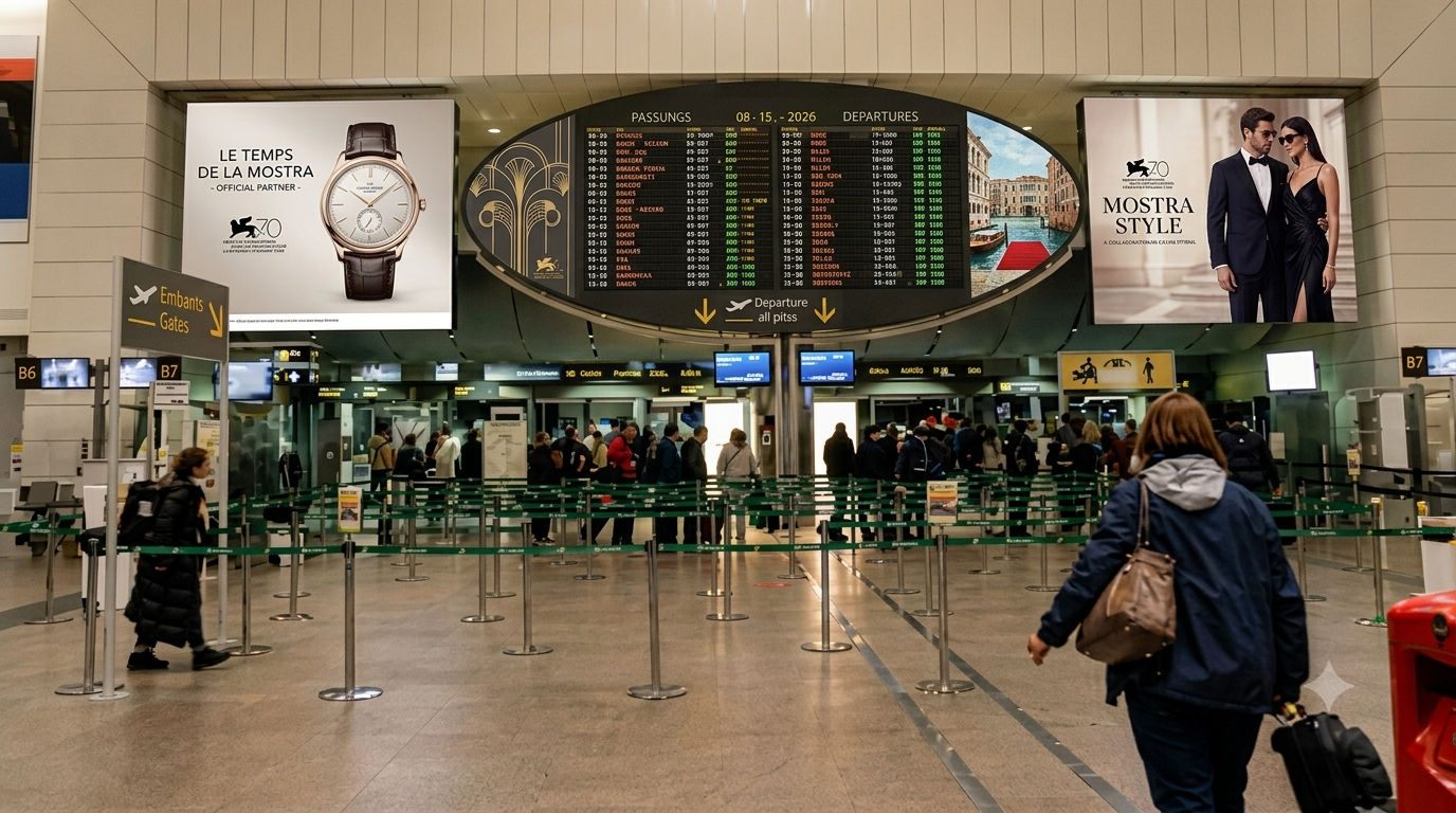 Airport advertising sites at Venice Marco Polo (VCE), the single air gateway serving the 2026 Venice Film Festival.