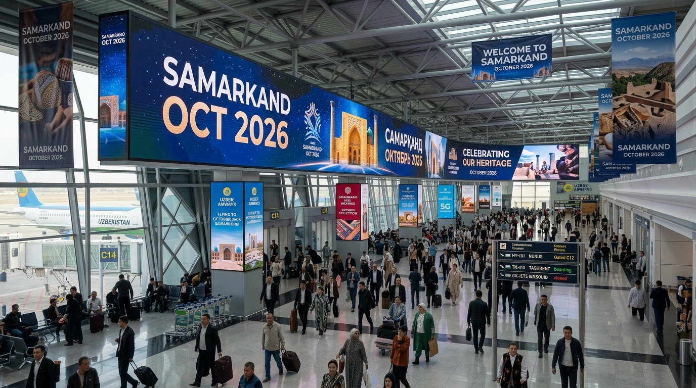 Advertising environment at Samarkand International Airport (SKD), reaching Silk Road heritage travellers during October 2026 peak season.