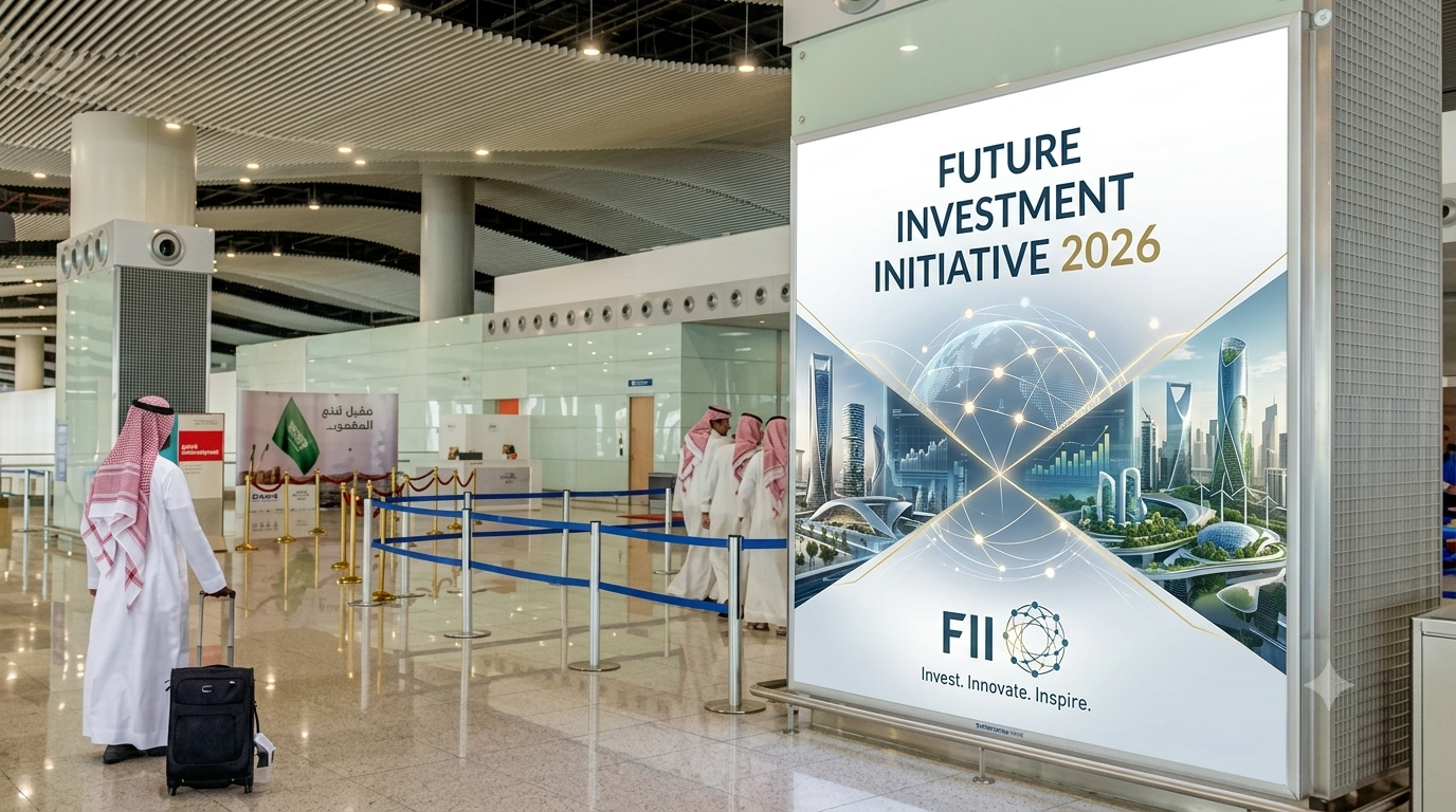 Airport advertising sites at King Khalid International (RUH), the gateway to Future Investment Initiative 2026 in Riyadh.