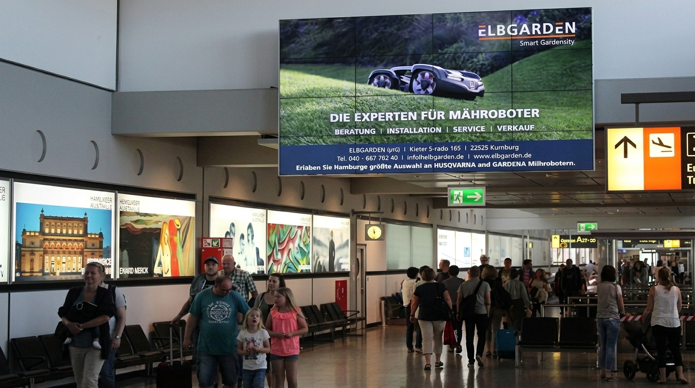 Digital advertising placement mockup at Hamburg Airport (HAM), Northern Germany's premium hub, reaching Oktoberfest 2026 travellers.