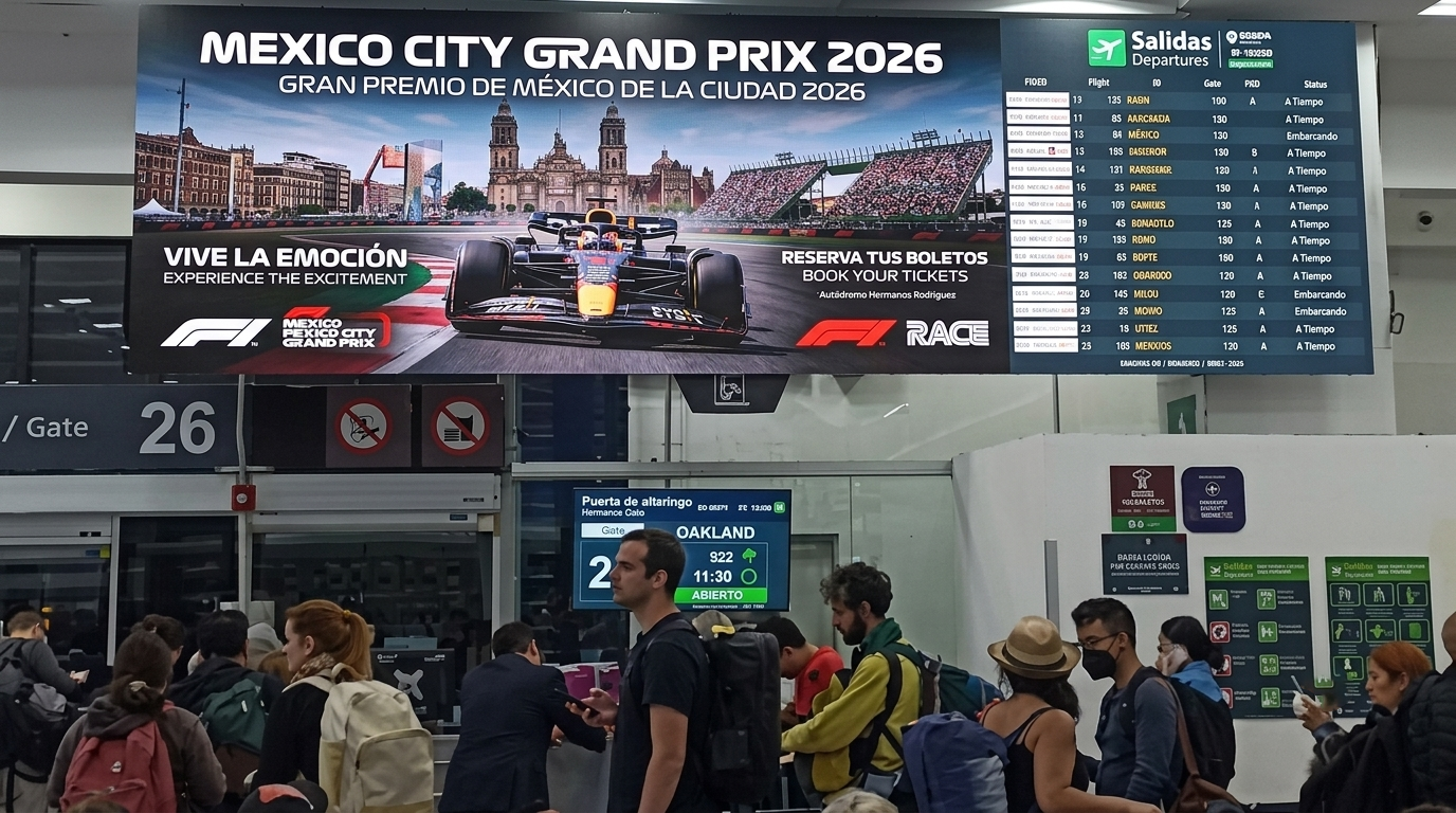 Airport advertising sites at Benito Juárez International (MEX), Mexico City's main terminal during the 2026 Grand Prix.