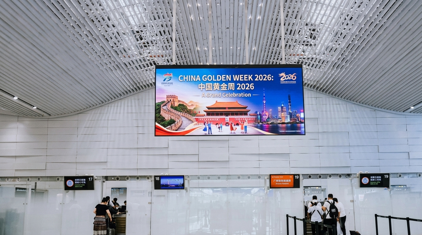 Advertising inventory at Guangzhou Baiyun International Airport (CAN), a southern China hub for Golden Week 2026 traffic.