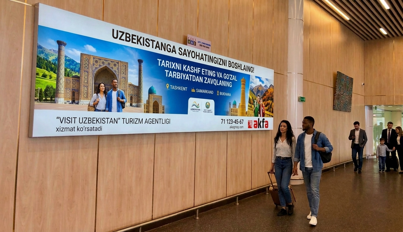 Advertising environment at Urgench International Airport (UGC), part of Uzbekistan's autumn 2026 six-airport network.