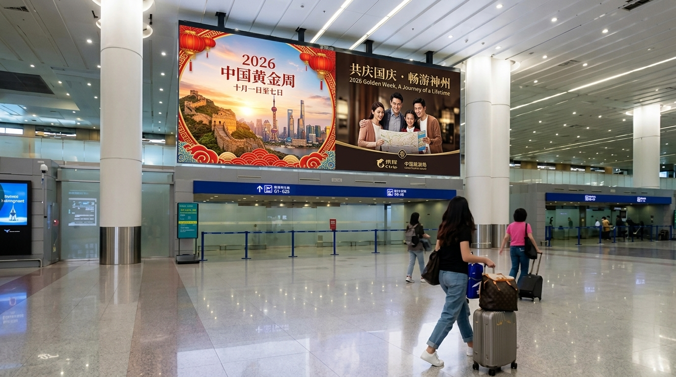 Advertising environment at Shanghai Pudong (PVG), Shanghai's international gateway during Golden Week 2026 travel.