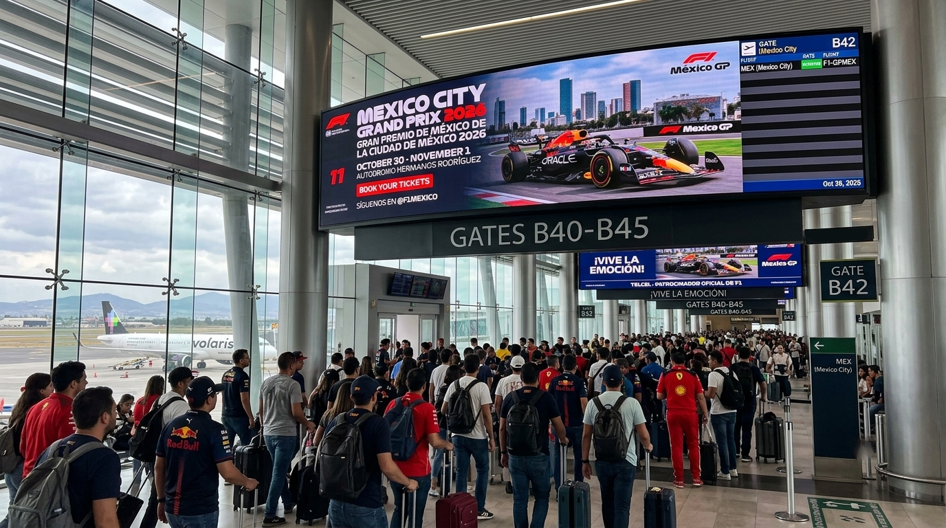 Advertising inventory at Felipe Ángeles International Airport (AIFA), the capital's second airport for Grand Prix 2026 traffic.