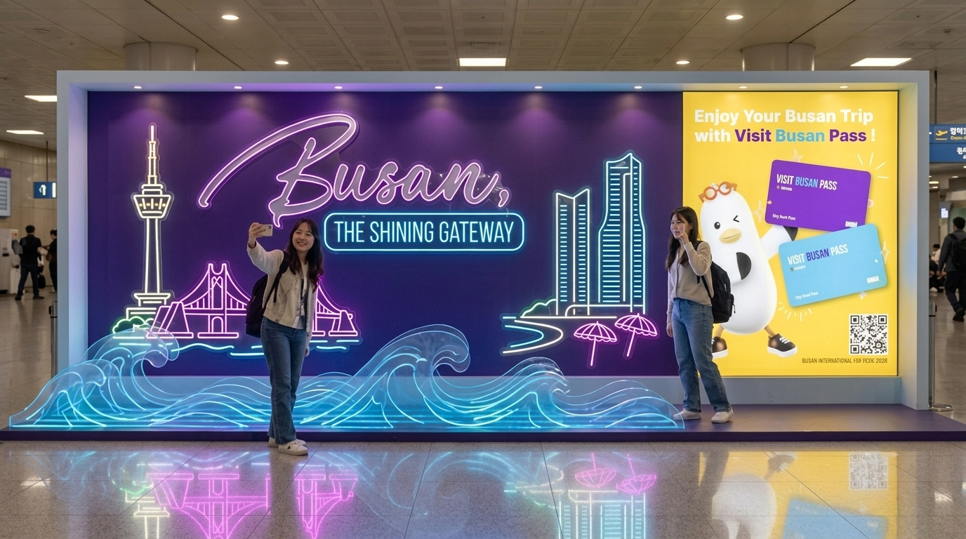 Airport advertising sites at Gimhae International (PUS), the arrival point for the 2026 Busan International Film Festival.