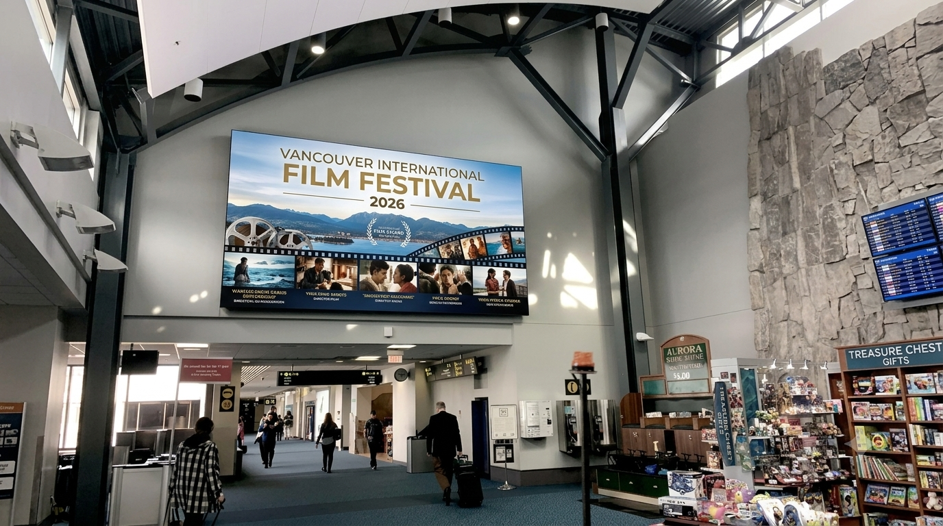 Airport advertising sites at Vancouver International (YVR), Canada's Pacific hub during the 2026 Vancouver Film Festival.