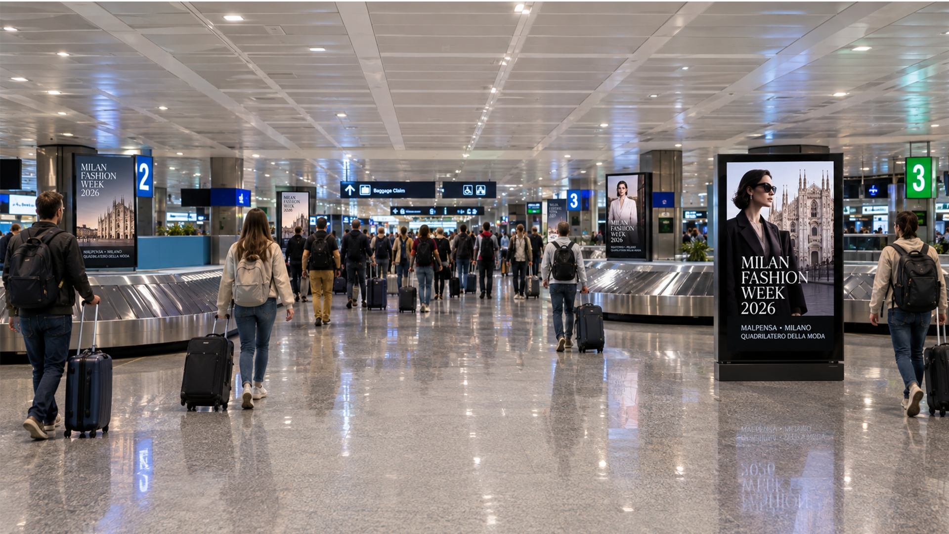 Airport advertising sites at Malpensa (MXP), Milan's long-haul hub linking Fashion Week 2026 arrivals to the Quadrilatero.