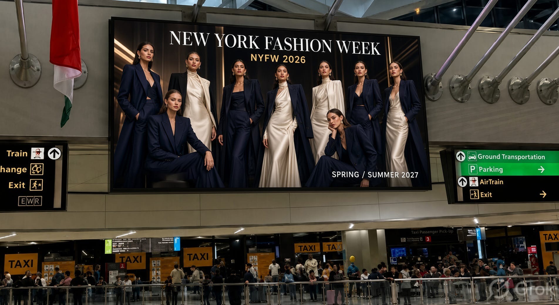 Airport advertising sites at Newark Liberty (EWR), the New Jersey gateway serving Manhattan during New York Fashion Week 2026.