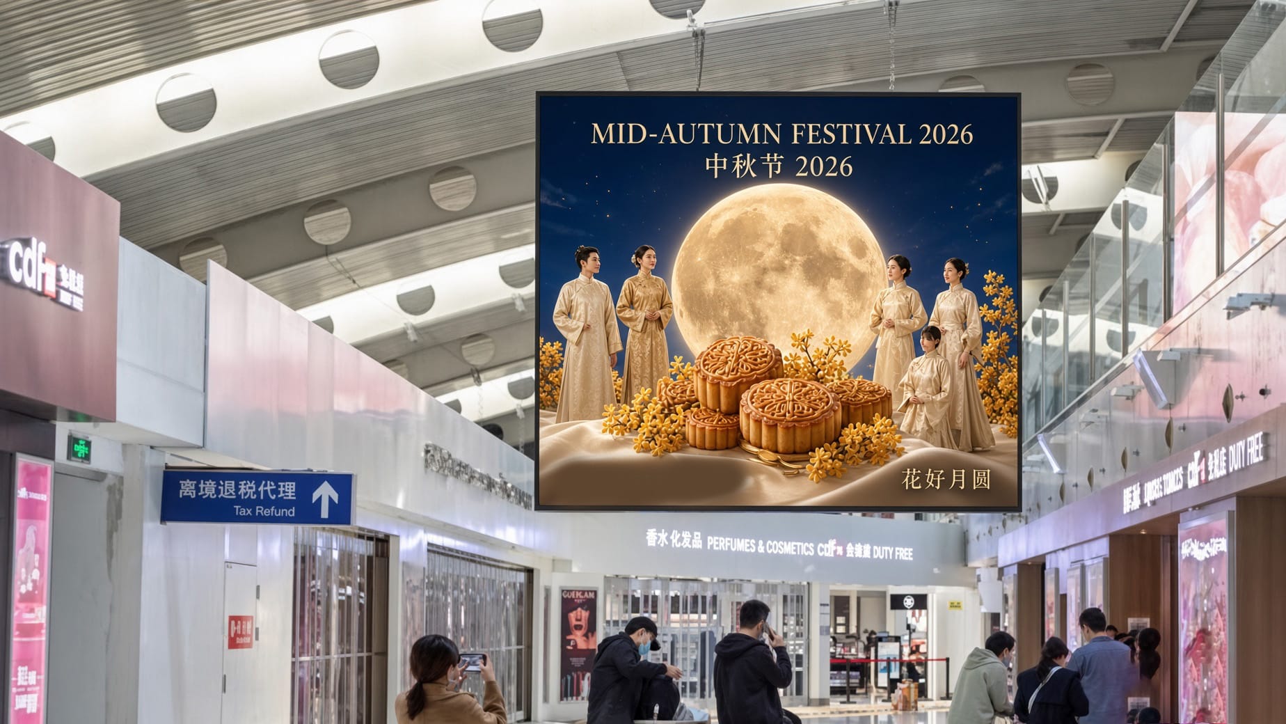 Beijing Capital International Airport (PEK) advertising environment, serving capital-region Mid-Autumn Festival 2026 traffic.