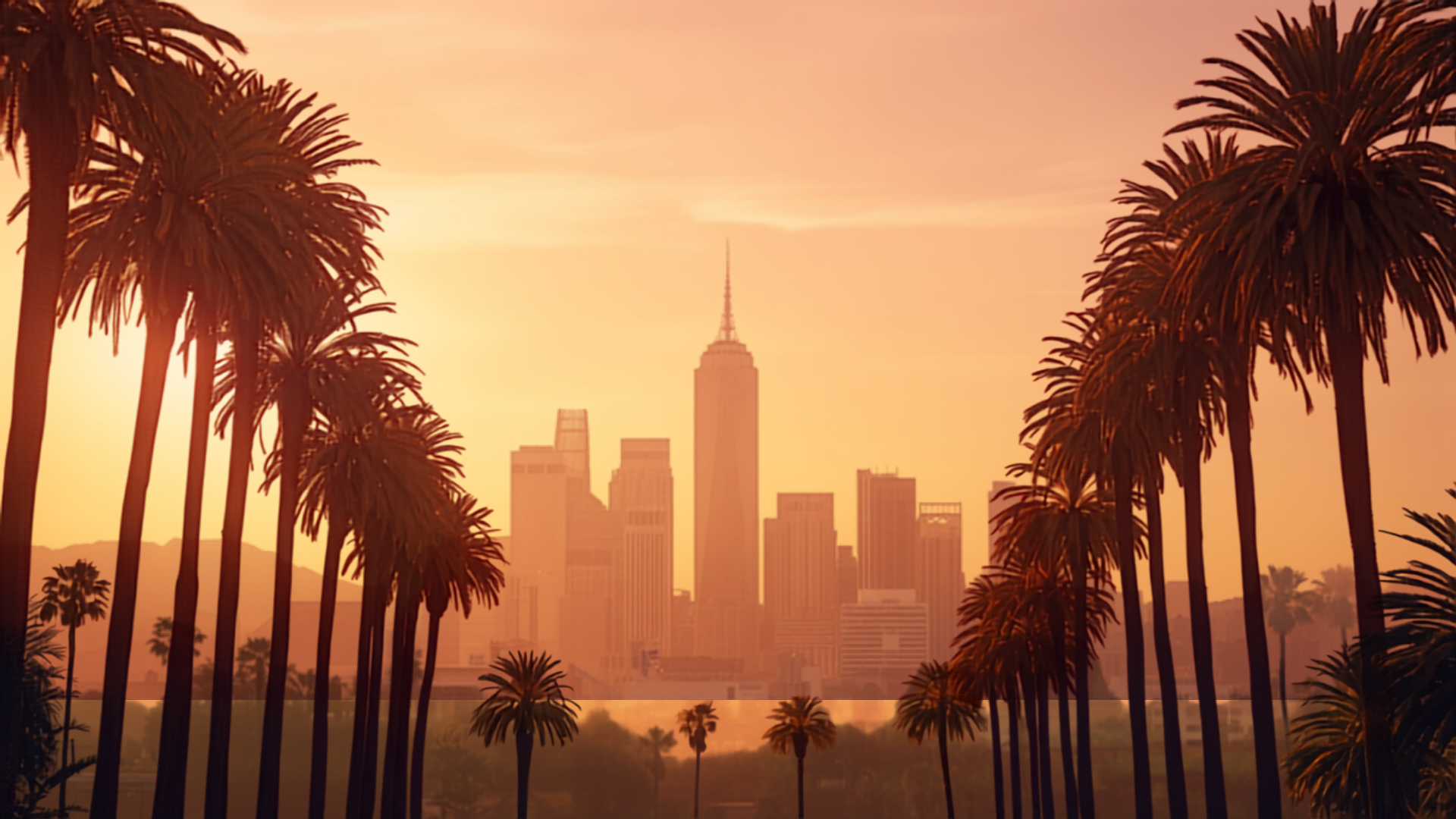 Hollywood skyline with palm trees at golden hour