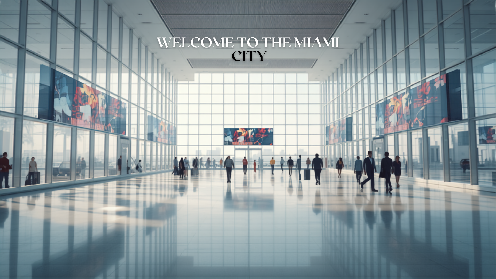 Illustrative concept of an airport digital advertising screen at MIA, themed for Art Basel Miami Beach. Image for illustrative purposes only, not an actual installed advertisement.