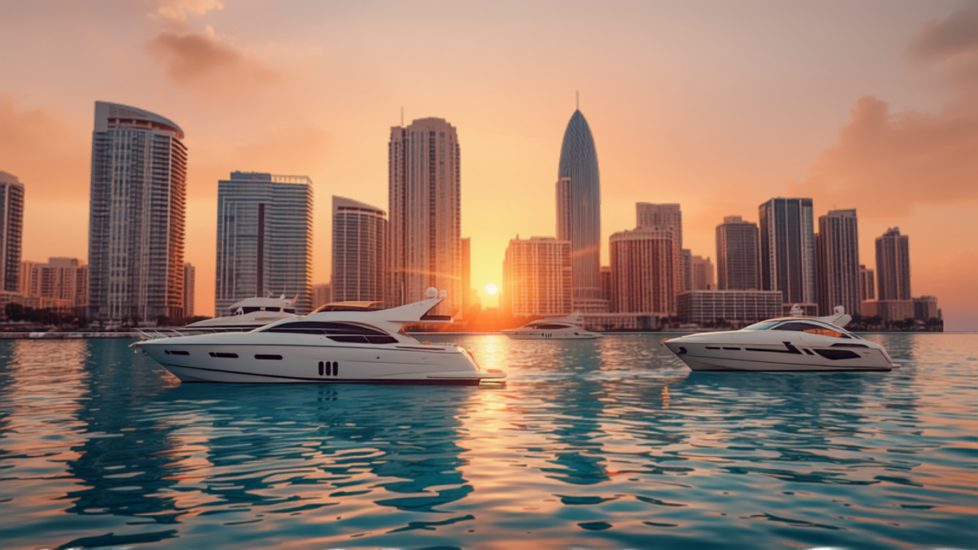 Miami waterfront and skyline at sunset