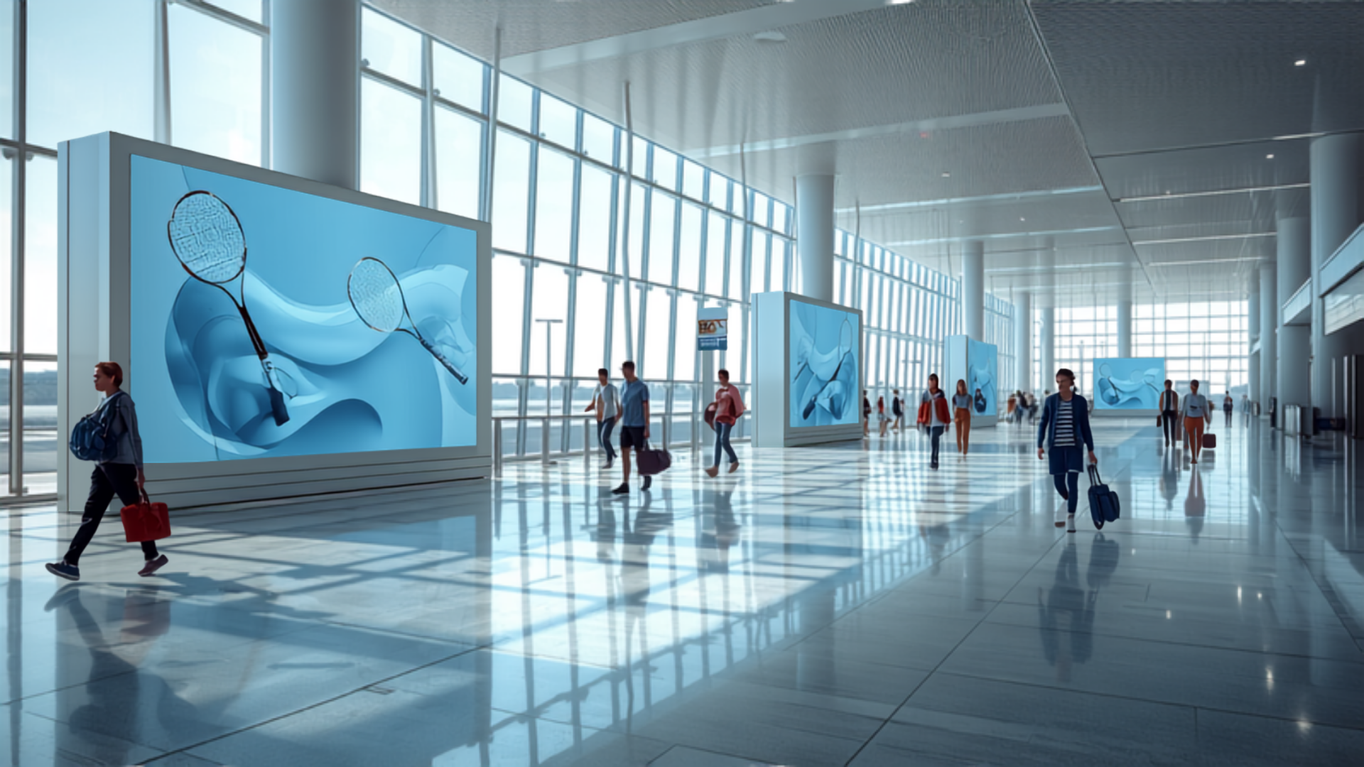 Illustrative concept of an airport digital advertising screen at MEL, themed for Australian Open. Image for illustrative purposes only, not an actual installed advertisement.
