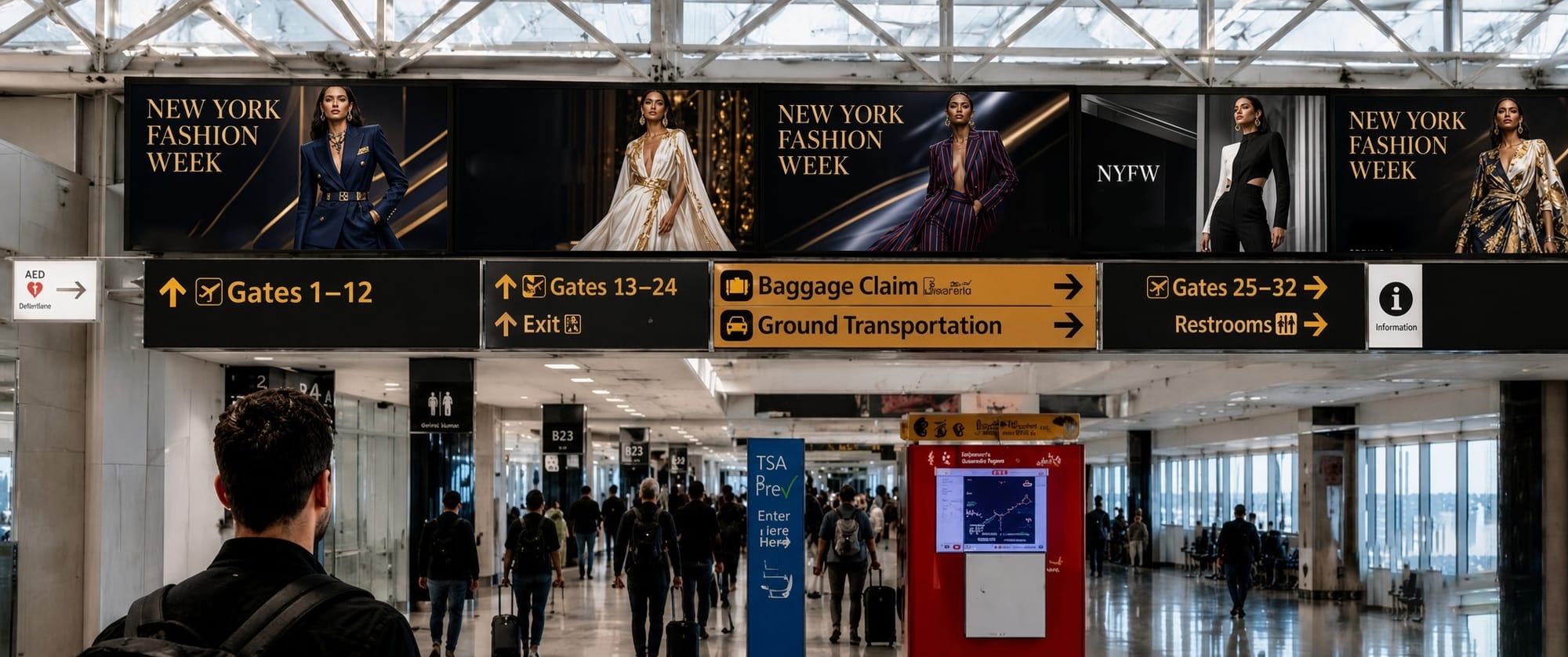 Terminal advertising inventory at John F. Kennedy International Airport in Queens, New York, during Fashion Week 2026.