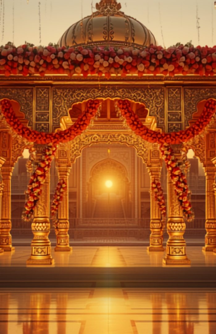 An ornate gold wedding mandap decorated with flower garlands and string lights at a Delhi palace venue, India